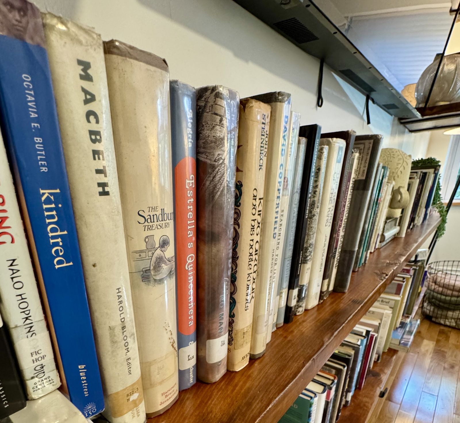Close view of book spines with library stickers